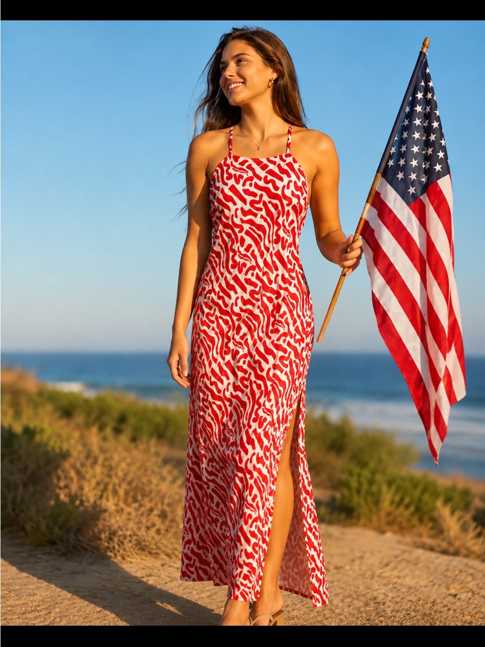 Band Of The Free Red White Spaghetti Strap Animal Print Midi Sundress Size M